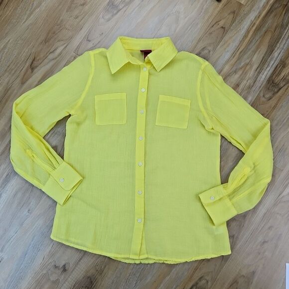 💜Merona Yellow Gauzy Lightweight Adjustable Roll Tab Long Sleeve Top Small - Picture 1 of 10